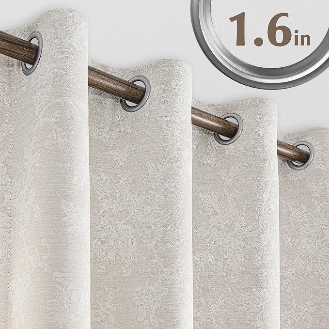 FMFUNCTEX Beige Floral Jacquard Blackout Curtains 72 Inches Long for Bedroom, Scroll Flower Chenille Farmhouse Curtains for Living Room Darkening Thermal Insulated Grommet Window Drapes 2 Panels