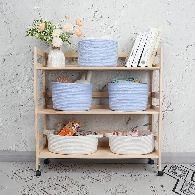 Woven Cotton Storage Baskets - 3-Pack Round Bins (10x10x7'') for Shelves, Closets & Bookcases | Durable Rope Organizers for Nursery, Baby, Toys, Easter & More (blue)