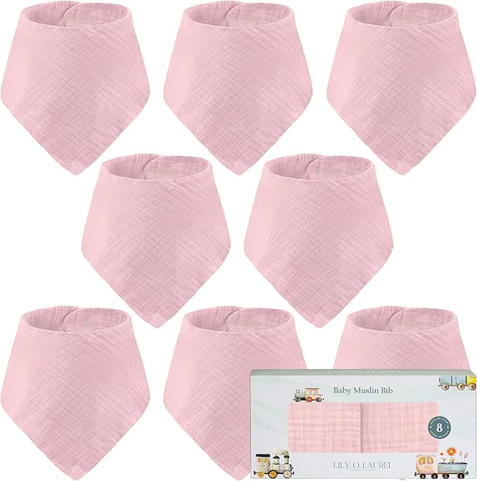LILY O LAUREL Muslin Baby bibs for drooling and teething, 100% cotton, Bibs for baby girl, Muslin bibs for boys (8 Pack)