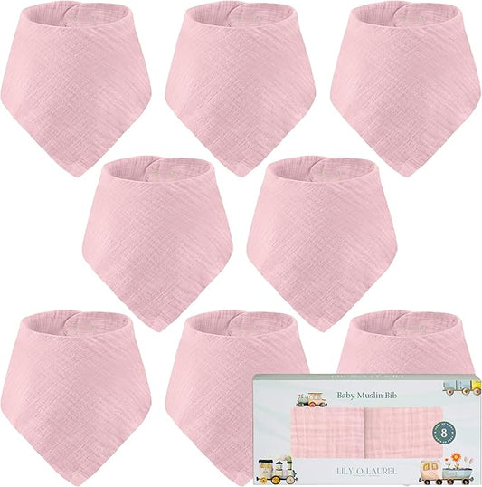 LILY O LAUREL Muslin Baby bibs for drooling and teething, 100% cotton, Bibs for baby girl, Muslin bibs for boys (8 Pack)