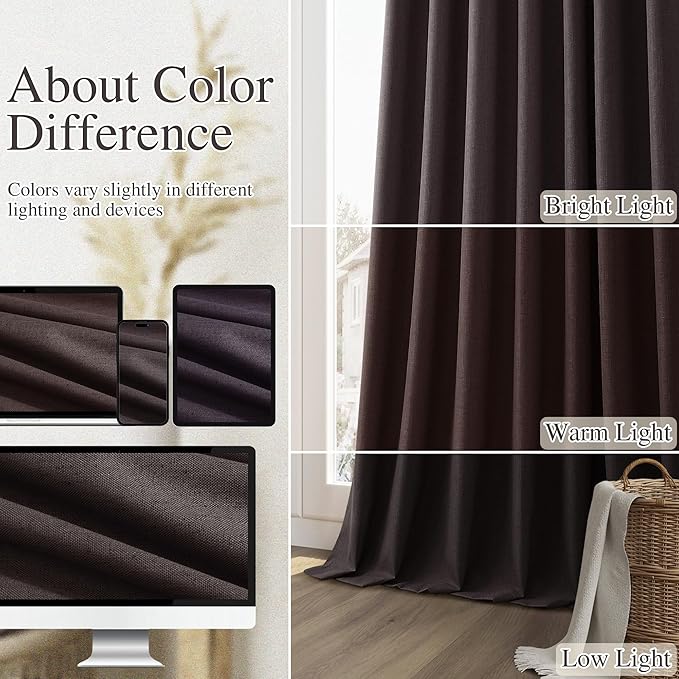 Guken 100% Blackout Curtains 96 Inch Length 2 Panels Set for Living Room Bedroom Back Tab Thermal Insulated Black Out Linen Drapes Room Darkening Cocoa Coffee,52x96