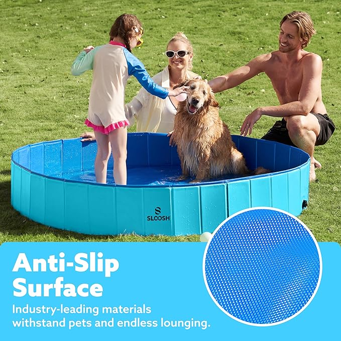 SLOOSH Foldable Dog Kiddie Pool - Portable Hard Plastic Doggie Swimming Pool, Anti-Slip Collapsible Pets Bath Tub Suitable for Kids Toddler Indoor Outdoor Backyard Use (Blue, 71" x 12")