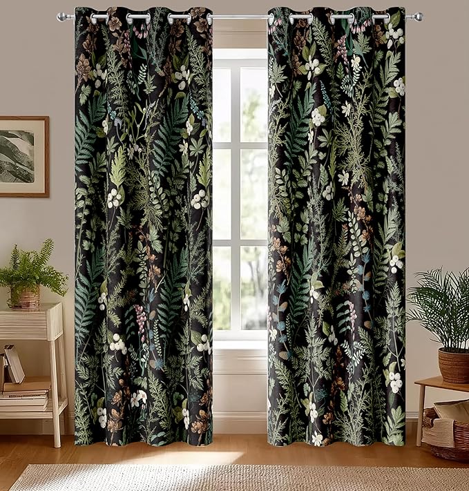 Retro Black Floral Leaf Blackout Curtains, Boho Vintage Botanical Flower Window Drapes, Living Room Bedroom Decor 2 Panels 52x84 Inch