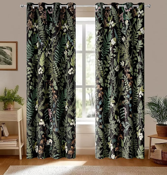 Retro Black Floral Leaf Blackout Curtains, Boho Vintage Botanical Flower Window Drapes, Living Room Bedroom Decor 2 Panels 52x84 Inch