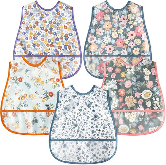 R HORSE 5Pcs Baby Bibs Set Toddler Bibs with Crumb Catcher Pocket & Snap Button Waterproof Baby Feeding Bibs for 6-24 Months