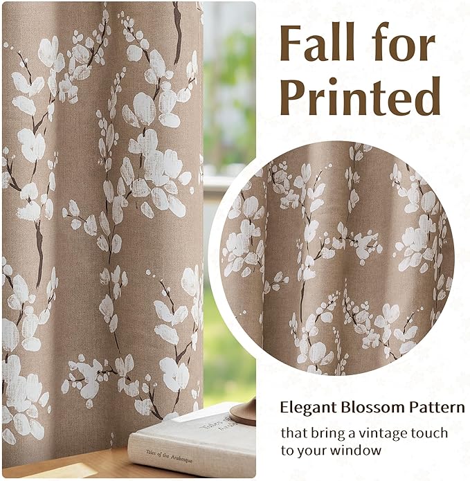 FMFUNCTEX 100% Blackout Floral Curtains for Living Room, Taupe Curtains 96 inches Long Blossom Flower Patterned for Bedroom, Thermal Insulated Farmhouse Drapes, Grommet Top 2 Panels (White on Tan)