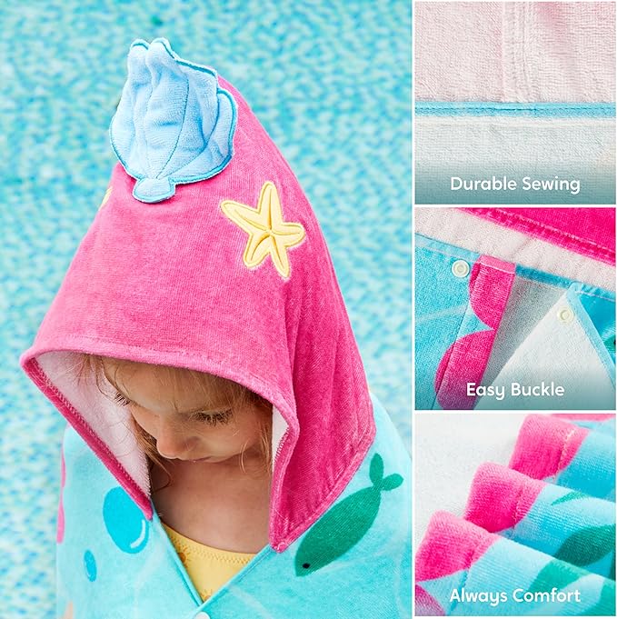 Joiedomi Mermaid Hooded Towels for Kids Soft 100% Cotton Kids Beach Towel 30" x 50" for 3-10 Years Boy Girl Beach Hooded Poncho Absorbent Pool Toddler Swim Bath Wrap