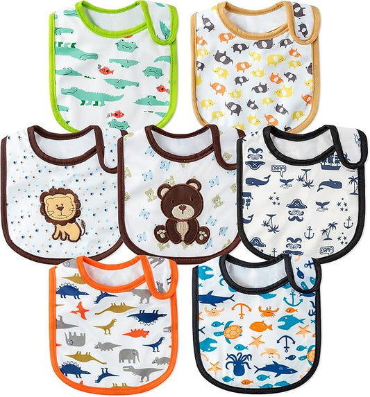 2ooya 7Pcs Cotton Waterproof Baby Bibs Hook Loop Closure Newborn Bib Keepsake Baby Gift for Drooling Feeding Eating