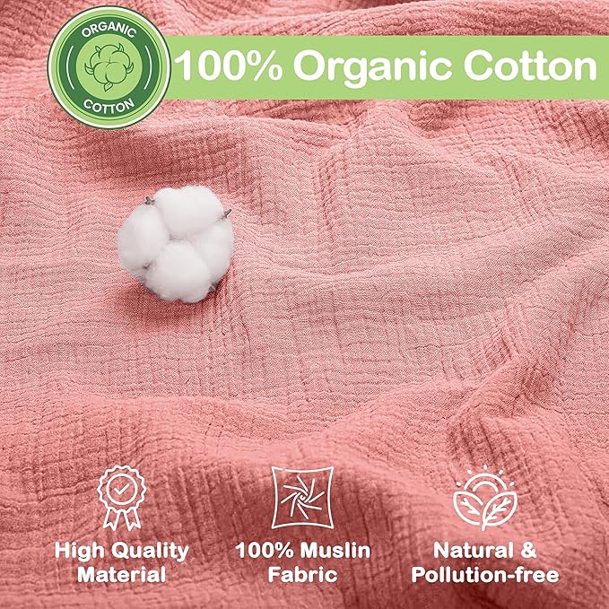 100% Organic Cotton Muslin Baby Blanket - 47 x 47 Inch Breathable Muslin Baby Girl Blanket, Hypoallergenic Double-Layer, Soft and Cozy Newborn Baby Blanket for Everyday Use (Rose/Peach)