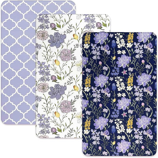 AMROSE 3 Pack Soft Mini Crib Sheets, Microfiber Pack N Play Sheets Set for Baby Girls, Silk Touch Gentle Playard Sheet Portable Crib Sheet, Violet