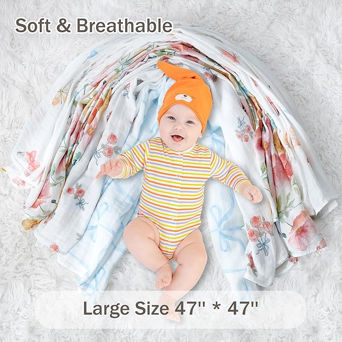 4-Pack 100% Cotton Muslin Swaddle Blankets, Large 47 x 47 Inches — Breathable Soft Receiving Blankets for Newborns, Swaddling Wraps, Baby Essentials, Registry Gift (Butterfly Floral Garden)