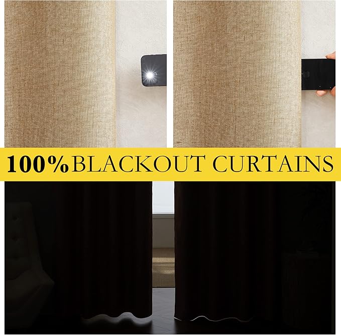 NICETOWN 100% Absolutely Blackout Linen Curtains with Thermal Insulated White Liner, Camel, W52 x L95, 2 Panels, Textured Linen Look Noise Reducing Window Treatments Drapes for Bedroom/Living Room