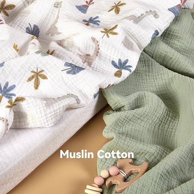 TILLYOU Muslin Mini Crib Sheets 2 Pack, Pack and Play Mattress Sheets Fitted for Pack N Play, 38 x 26 Sheet for Toddler, Dinosaur