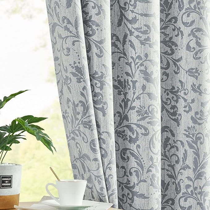 jinchan Blackout Curtains for Bedroom 84 Inches Long Silver Grey Scroll Floral Window Curtains for Living Room Farmhouse Vintage Drapes Thermal Insulated Grommet Window Treatments 2 Panels