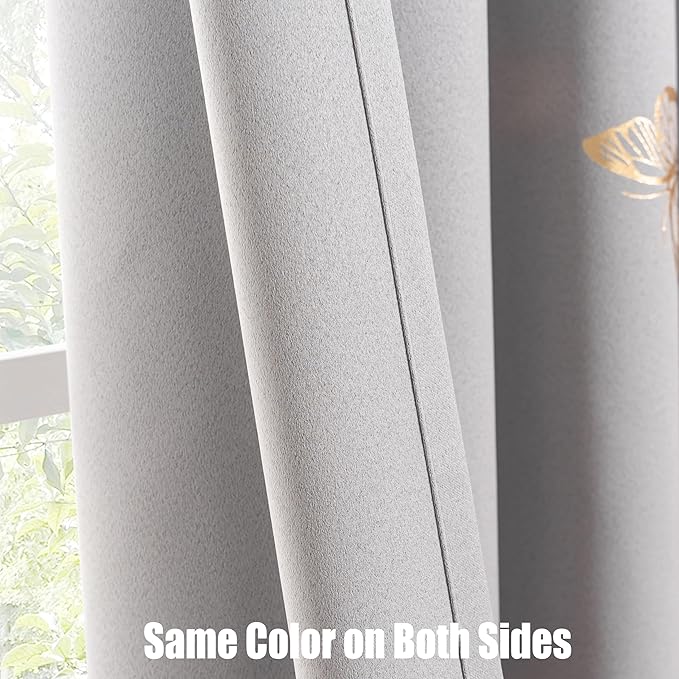 Jubilantex Metallic Butterfly Blackout Curtains for Nursery Kids Bedroom 90% Room Darkening 63 Inch Long Grommet Window Treatments,Grey 2 Panels