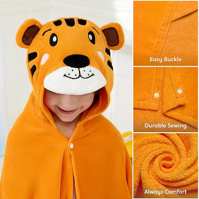 Joiedomi Hooded Towel for Kids Soft 100% Cotton Bath Beach Towel 30" x 50" for Kids 3-10 Years Toddler Pool Poncho with Hood Absorbent Swim Wrap for Boys Girls Yellow Tiger