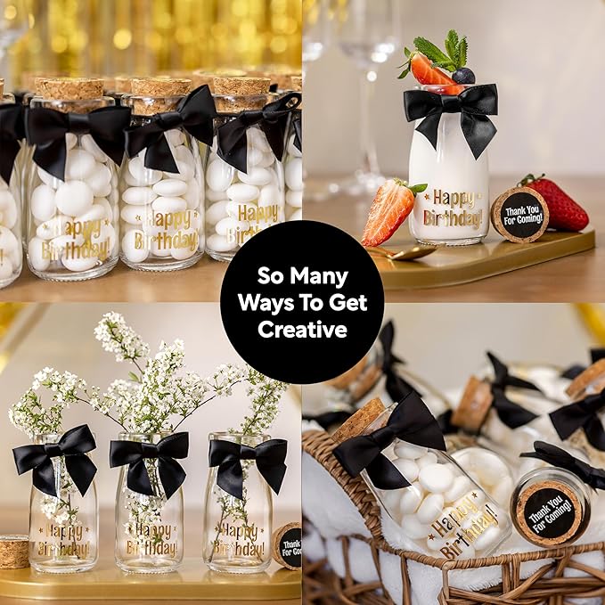 Ethisa Vintage 12 Pack Adult Birthday Party Favors Glass Bottles with Ribbons and Stickers - Classy Happy Birthday Favors and Table Centerpieces Decorations - Sturdy Candy Jar for Guests and Kids