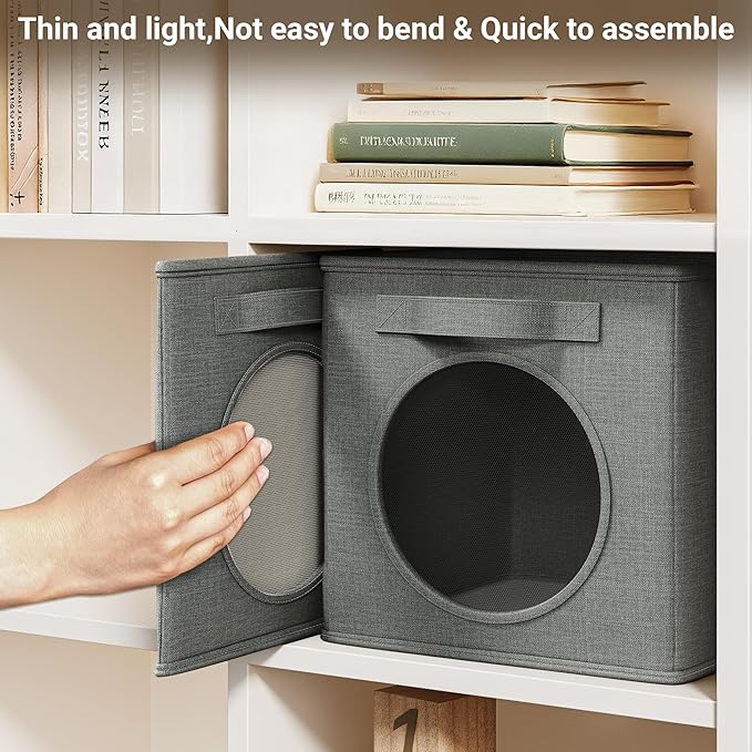 Vailando Foldable Fabric Storage Cube with Round Window - 4 Pack 13"x13"x13" Collapsible Closet Organizer Bins for Clothes, Shelves, Offices, Toys & Misc, Dark Gray