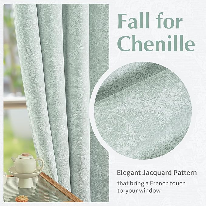 FMFUNCTEX Sage Green Floral Jacquard Blackout Curtains 90 Inches Long for Bedroom, Scroll Flower Chenille Farmhouse Curtain for Living Room Darkening Thermal Insulated Grommet Window Drapes 2 Panels