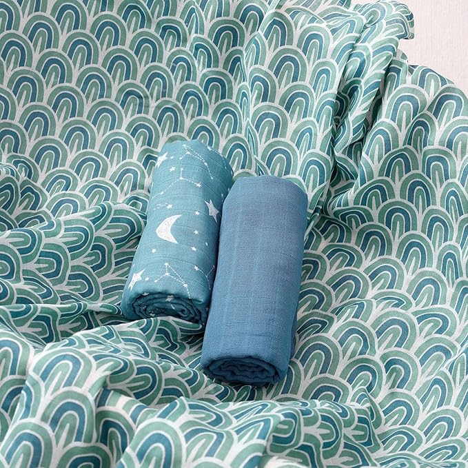 Happy Flute 3 Set Muslin Swaddle Blankets,Essential Baby&Newborn Swaddling,Perfect for Boys&Girls,Receiving Blankets,Nursing,Stroller Cover,Large 47.2x43.3 inches Swaddle Wrap Burping Clothes. (Blue)