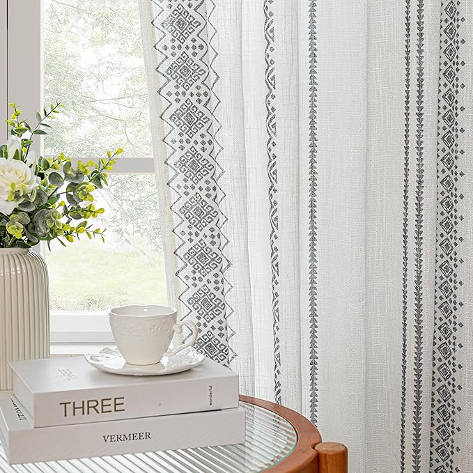 MEETSKY Curtains 63 Inches Long for Living Room Geometric Light Filtering Cotton Back Tab Curtains 2 Panels Printed Semi-Sheer Window Drapes Home Decorative Rod Pocket Drapes for Bedroom