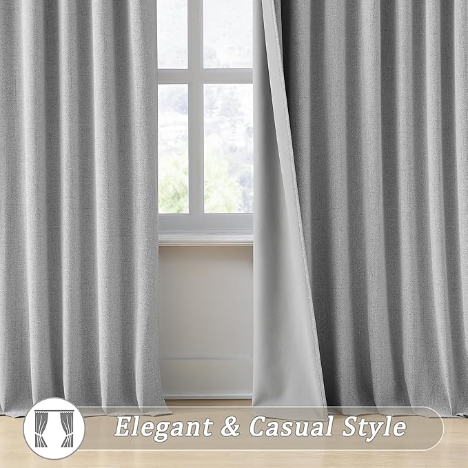 RAIN CITY 84 Inch Long Blackout Curtains 2 Panels Set,70 Inch Wide Back Tab Pleated Curtains with Hooks Track System,Energy Efficinet Linen Blend Drapes for Dining Room Hoom Office 70x84,Grey
