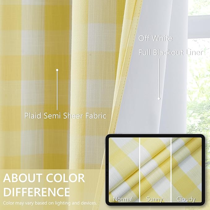 Amzdecor Buffalo Plaid Full Blackout Curtains Checkered GEO Thermal Insulated Energy Efficient Drapes Grommet 2 Layers Window Treatment for Bedroom Living Room Farmhouse, 2 Panels,40"x90",Yellow&White
