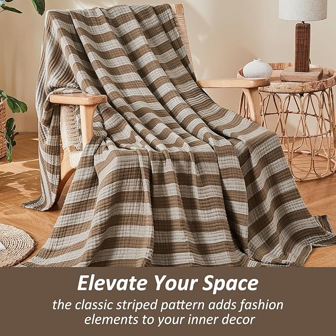 EMME Cotton Muslin Queen Blanket Bed Layering Bedspread Coverlet Breathable Gauze Soft Lightweight Adults (Striped Brown, 90"x90")