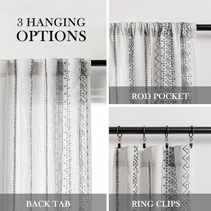 MEETSKY Boho Curtains 84 Inches Long for Living Room Bohemian Geometric Printed Linen Style Curtains Light Filtering Rod Pocket Window Back Tab Cotton Drape for Dining Room 2 Panels