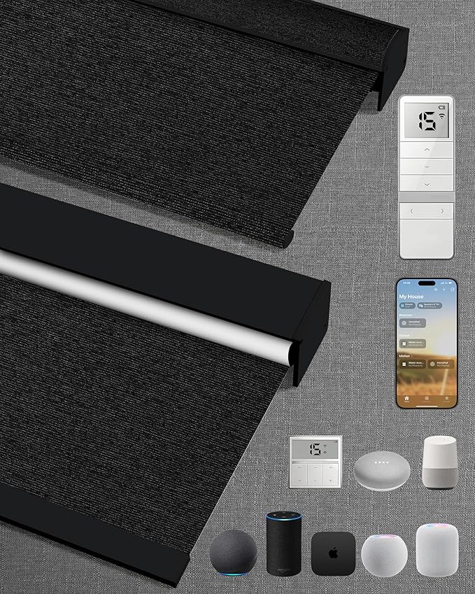 Kincmo Motorized Blinds with Remote,100% Blackout Motorized Roller Shades Work with Apple Homekit,Alexa,Google, Custom Electric Blinds with App,Voice Control (Atlantic Black)