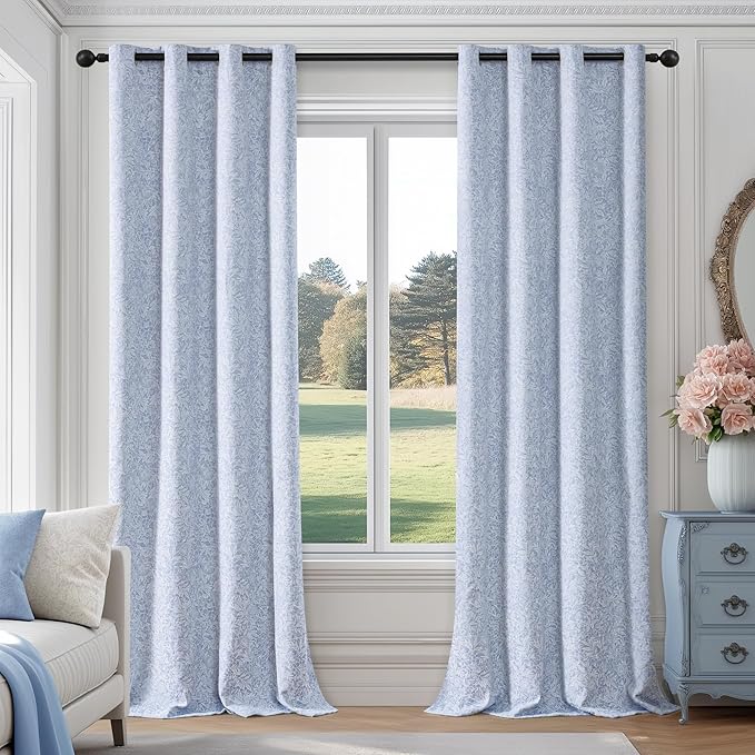 Metro Parlor Light Blue Floral Jacquard Blackout Curtains 96 Inches Long for Bedroom,Chenille Pattern Vintage Flower Curtains for Living Room Darkening Thermal Insulated Grommet Window Drapes,2 Panels