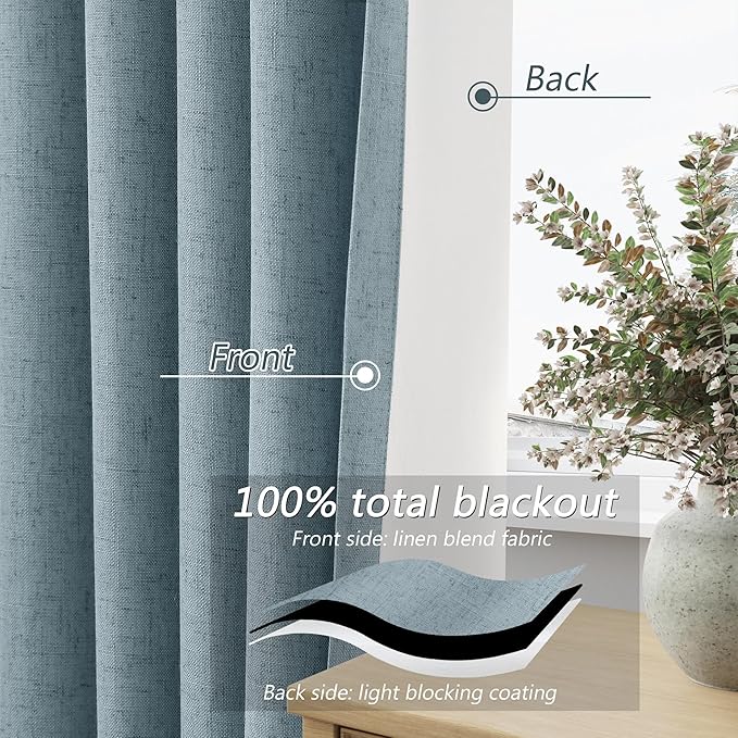 Guken Blue 100% Blackout Curtains 86 Inch Length 2 Panels Set for Living Room Bedroom Back Tab Thermal Insulated Black Out Linen Drapes Room Darkening Window Curtains 86 Inches Long Dusty Blue