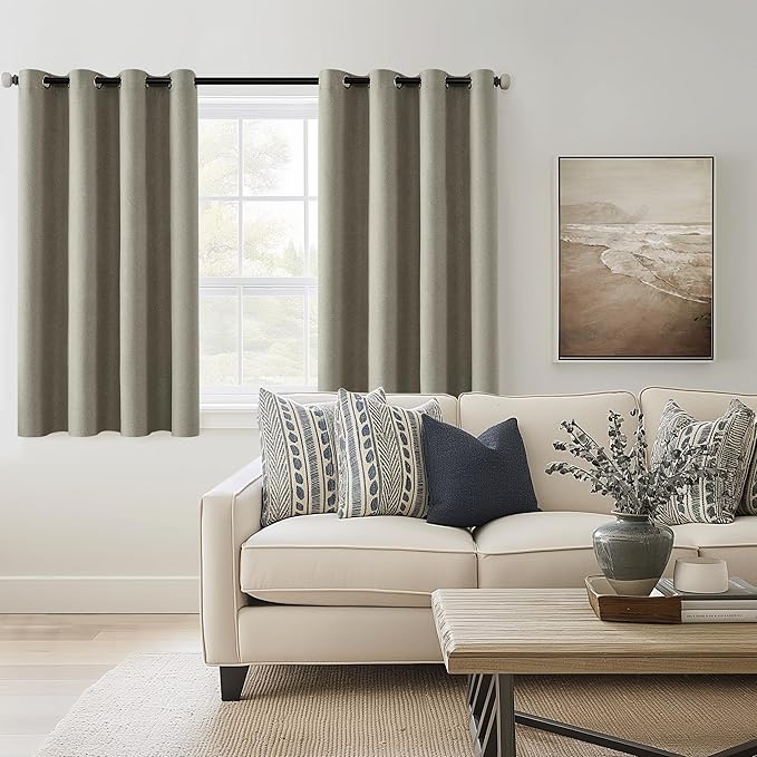 ChrisDowa 100% Blackout Sand Solid Curtains 54 Inches Long 2 Panels for Bedroom Living Room,Farmhouse Room Darkening Thermal Insulated Soundproof Grommet Top Window Treatment Drapes,52x54