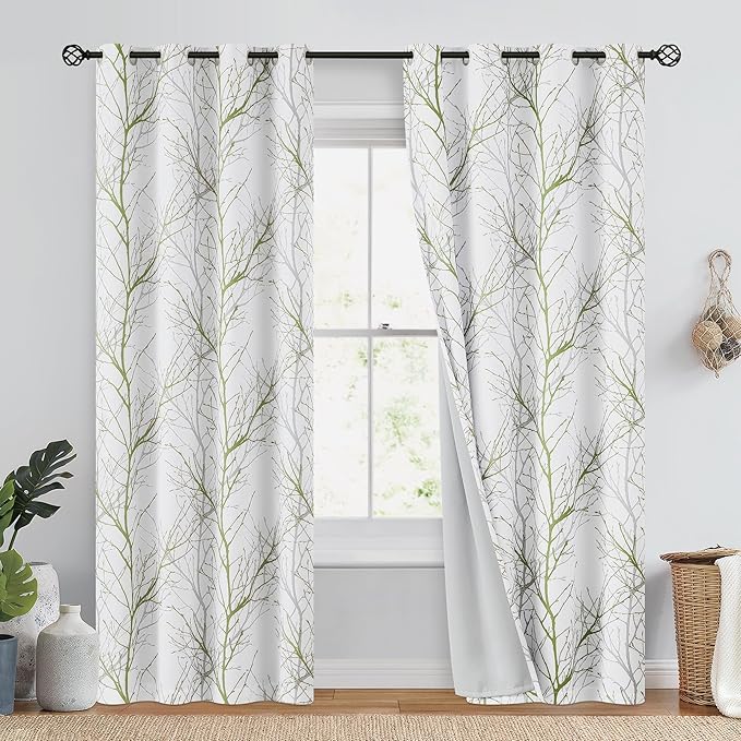 FMFUNCTEX 100% Blackout Curtains Sage Green Tree Liner Curtains for Bedroom, Branch Partterned Curtains 84 inch Length for Living Room, Room Darkening Thermal Insulated Drapes, Grommet Top 2 Panels