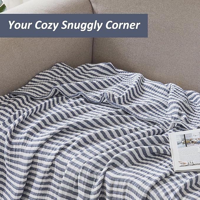 EMME Cotton Muslin Twin XL Blanket Breathable Gauze Soft Lightweight Adults Gifts for Women (Striped Navy, 66"x90")