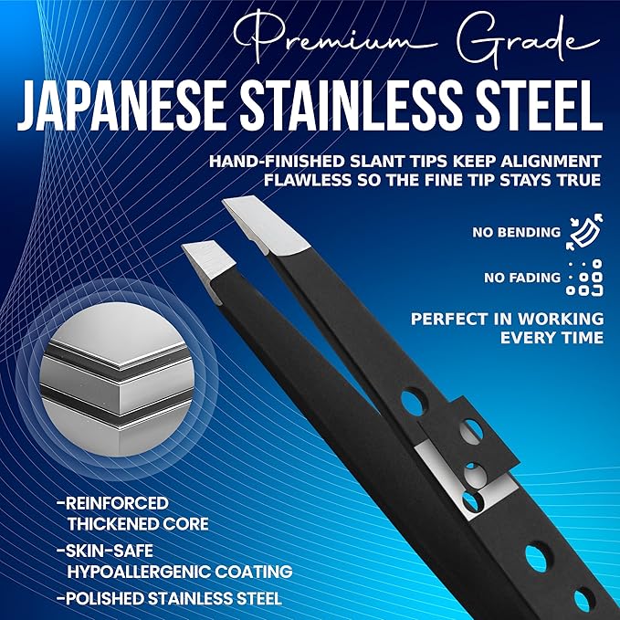Premium Slant Tip Tweezers – Handmade Japanese Stainless Steel, Ultra-Precise Hair Removal Tool for Brows, Ingrowns & Splinters – Ergonomic 9-Hole Grip, Professional Salon Quality (Matt Black)