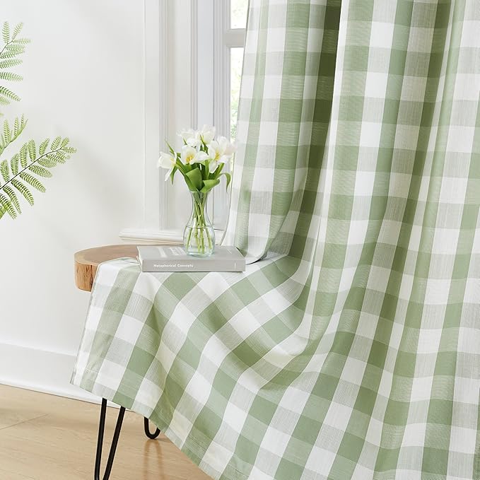 Amzdecor Buffalo Plaid Check Full Blackout Curtains Checkered GEO Thermal Insulated Energy Efficient Drapes Grommet 2 Layers Window Treatment for Bedroom Living Room,2 Panels,40"x90",Sage Green&White