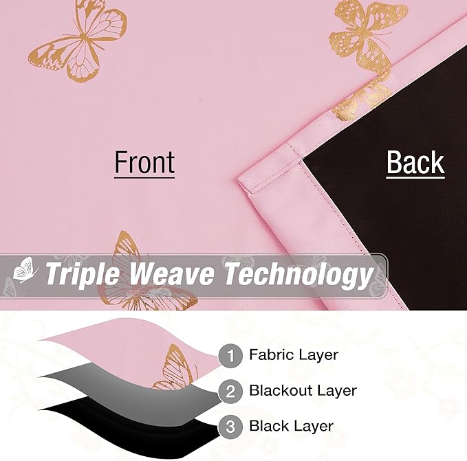 Jubilantex Pink Gold Butterfly Blackout Curtains 84Inches Long for Bedroom Kids Bedroom Nursery Floral Print Window Curtains with Black Layer,Grommet Top 2 Panels