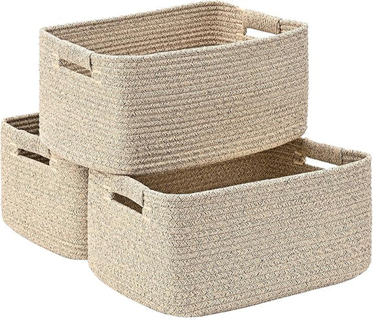 3 Pack Large Storage Basket for Organizing, 17.5"x13.5"x7.5" Woven Basket for Shelves, Closet Cube Storage Bins with Wrapped Handle, Cotton Rope Baskets for Kitchen, Clothes, Toys(Natural)