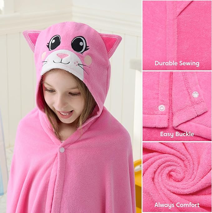 Joiedomi Hooded Towel for Kids Soft 100% Cotton Bath Beach Towel 30" x 50" for Kids 3-10 Years Toddler Pool Poncho with Hood Absorbent Swim Wrap for Boys Girls Pink Cat