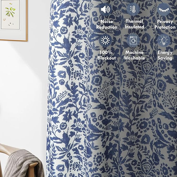 DriftAway Julia Watercolor Blackout Room Darkening Lined Thermal Insulated Energy Saving Window Curtains 2 Layers 2 Panels Each Size 52 Inch by 63 Inch Linen Navy