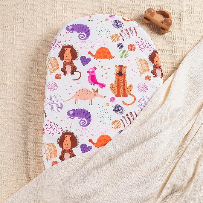 TILLYOU Baby Bassinet Sheets for Girls Boys 2 Pack Baby Sheets for Square Rectangle Oval Bassinet Mattress 33X16 Inch, Animal Graffiti & Dot Printing