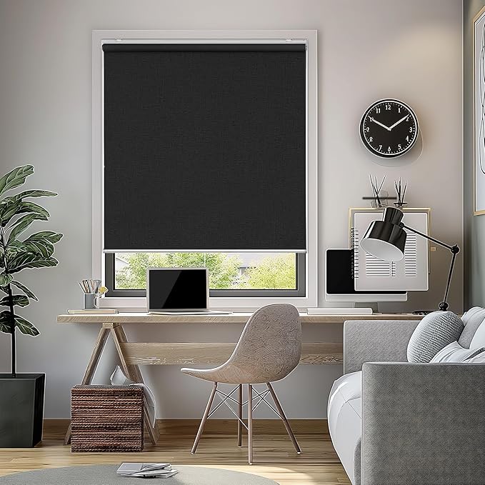 ChrisDowa Cordless Blackout Roller Shade with Spring System Room Darkening UV Protection Jacquard Fabric Blackout Blinds for Indoor Window Shades Pull Down for Home and Office, Black, 27" W x 72" H