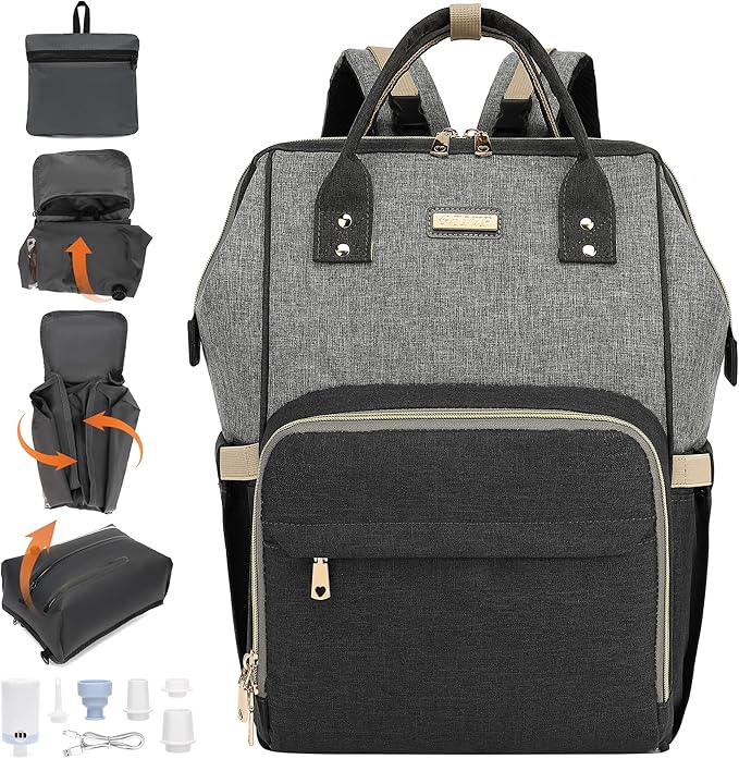 Vacuum Compression Diaper Bag, Expandable Waterproof Baby Travel Backpack with Insulated Pockets, Wet-Dry Separation, and Detachable Airtight Bag (Vacuum Pump Included)