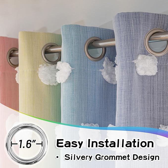 MYSKY HOME 95 Inch Long Rainbow Curtains for Girls Bedroom & Living Room - Double Layer Ombre, White Pom Pom, Blackout Sheer, Room Darkening Grommet Window Panels (2 Pieces, 52 x 95 in)
