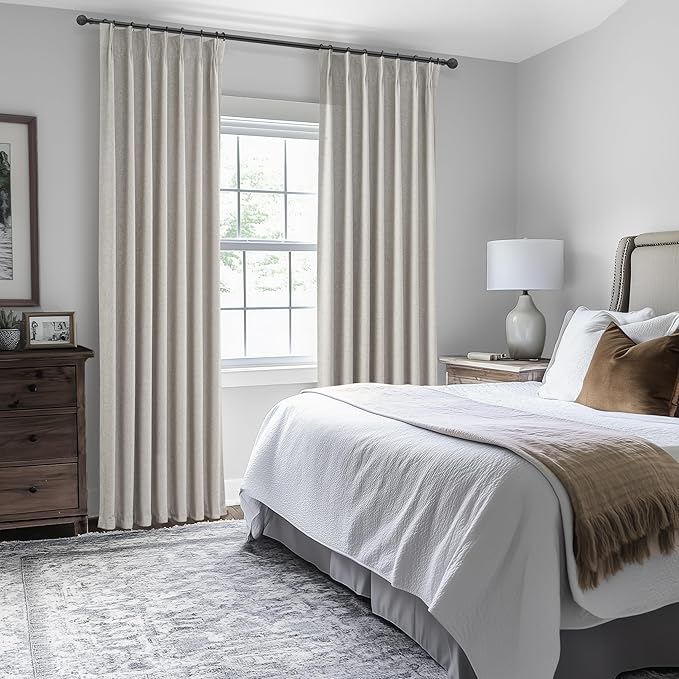 Grey Beige Viral Thick Linen Blackout Curtains 90 Inches Long for Bedroom/Dining Room 2 Panels Set, Neutral Pinch Pleated Melange Energy Efficient Sunblock Drapes with White Backing (40"Wx90"L)