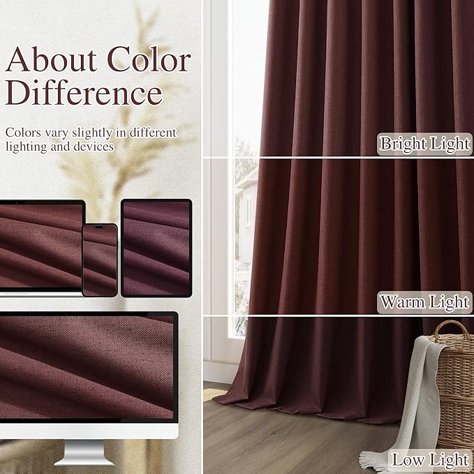 Guken 100% Blackout Curtains 84 Inch Length 2 Panels Set for Living Room Bedroom Back Tab Thermal Insulated Black Out Linen Drapes Room Darkening Reddish Brown,52x84