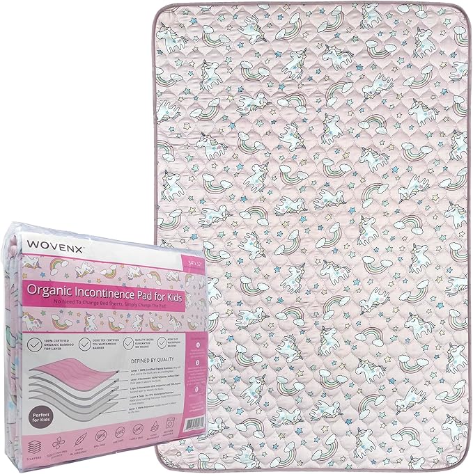 WOVENX Organic Incontinence Pads for Kids & Toddlers - 5 Layer Waterproof Protectors for Overnight Bed Wetting - Reusable & Washable Pee Pads - Fits Twin to Full Size Beds - 34" x 52" Unicorn