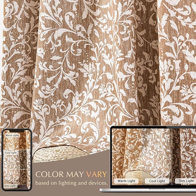 jinchan Blackout Curtains for Bedroom, Warm Taupe Scroll Floral Patterned Curtains 84 Inch Length for Living Room, Farmhouse Vintage Art Deco Drapes, Thermal Insulated Window Curtains Grommet 2 Panels