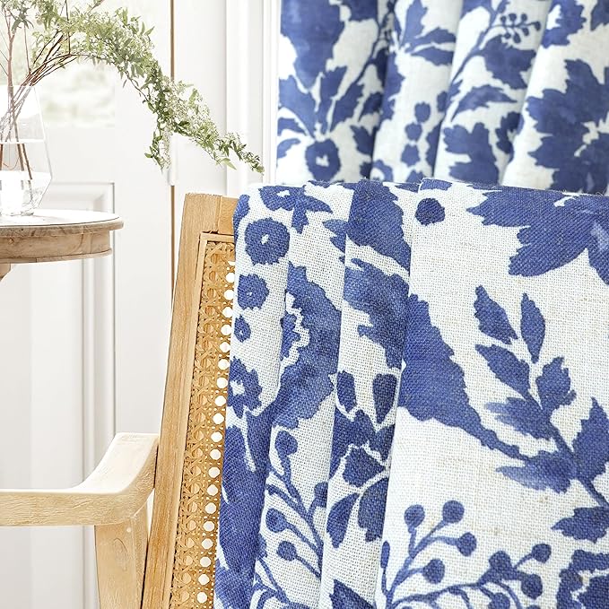 DriftAway Julia Watercolor Blackout Room Darkening Lined Thermal Insulated Energy Saving Window Curtains 2 Layers 2 Panels Each Size 52 Inch by 84 Inch Linen Navy
